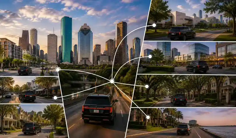 Luxury transportation between Houston neighborhoods, connecting Downtown, River Oaks, Uptown, Midtown, The Heights, and Clear Lake.